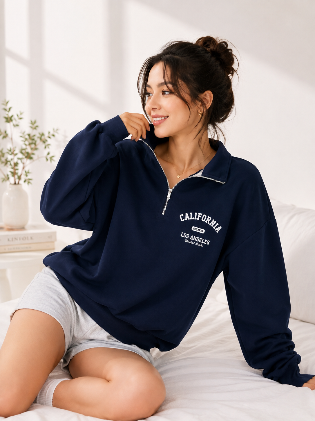 Women High Neck Zipper Printed Sweatshirt
