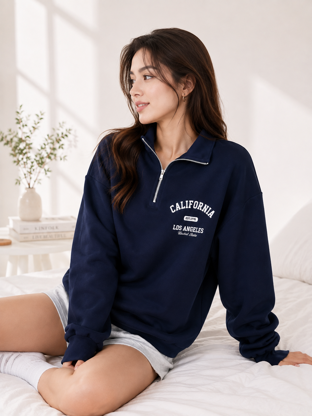 Women High Neck Zipper Printed Sweatshirt