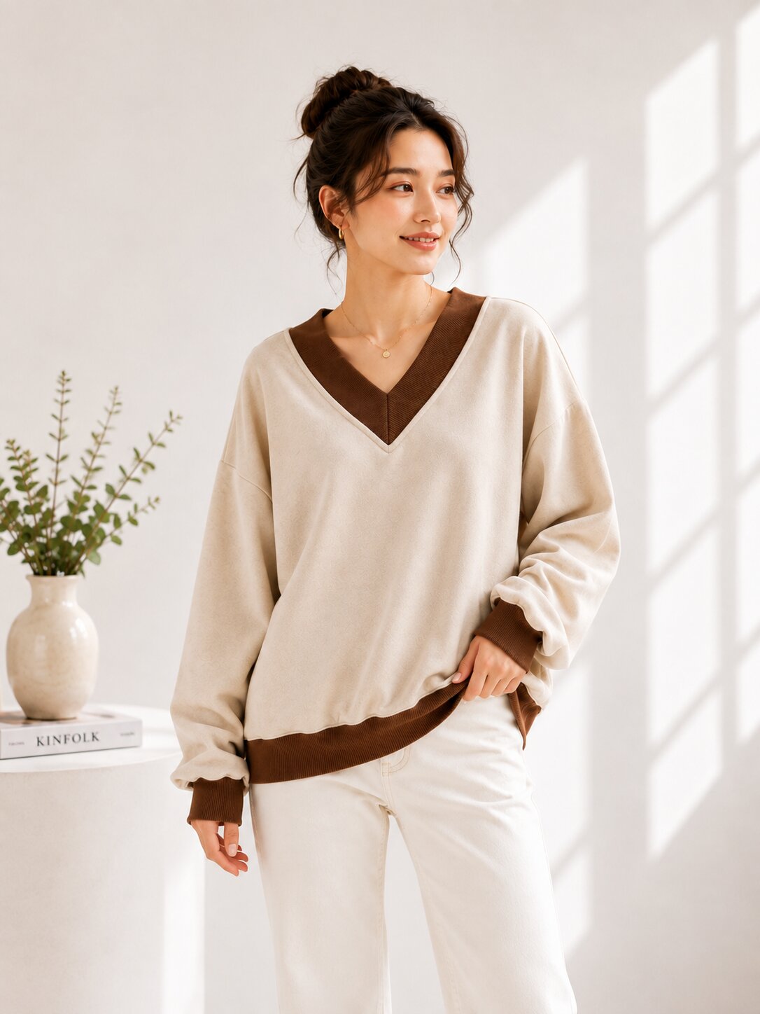 Women Color Block V-Neck Plain Sweatshirt