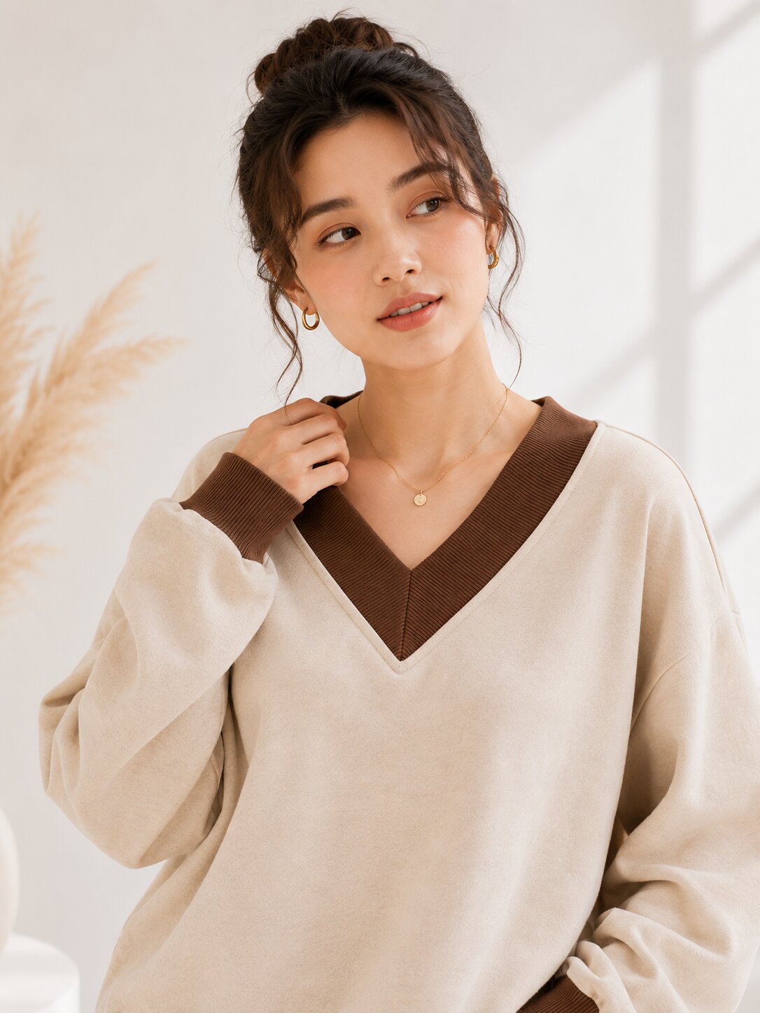 Women Color Block V-Neck Plain Sweatshirt