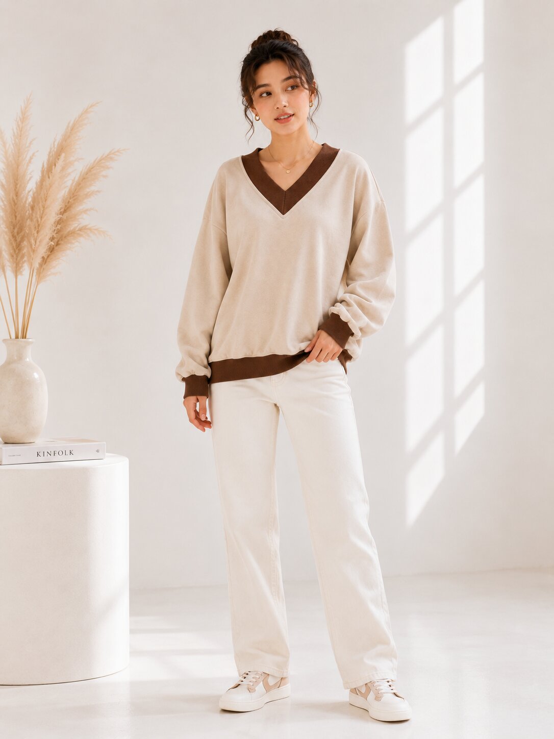 Women Color Block V-Neck Plain Sweatshirt