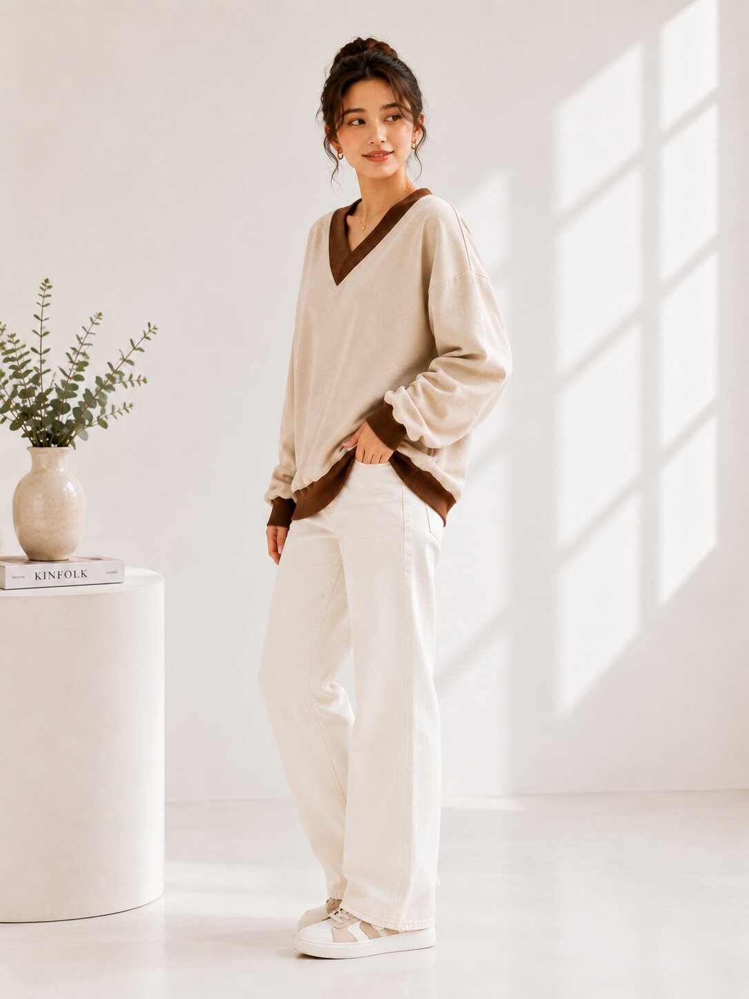 Women Color Block V-Neck Plain Sweatshirt