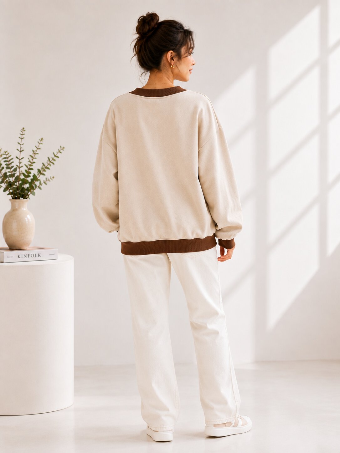 Women Color Block V-Neck Plain Sweatshirt