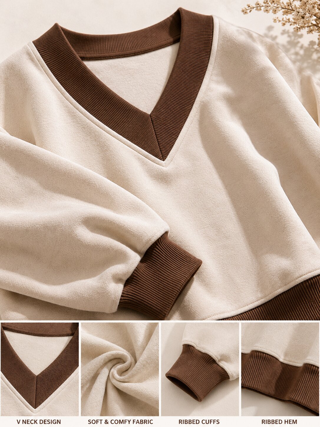 Women Color Block V-Neck Plain Sweatshirt
