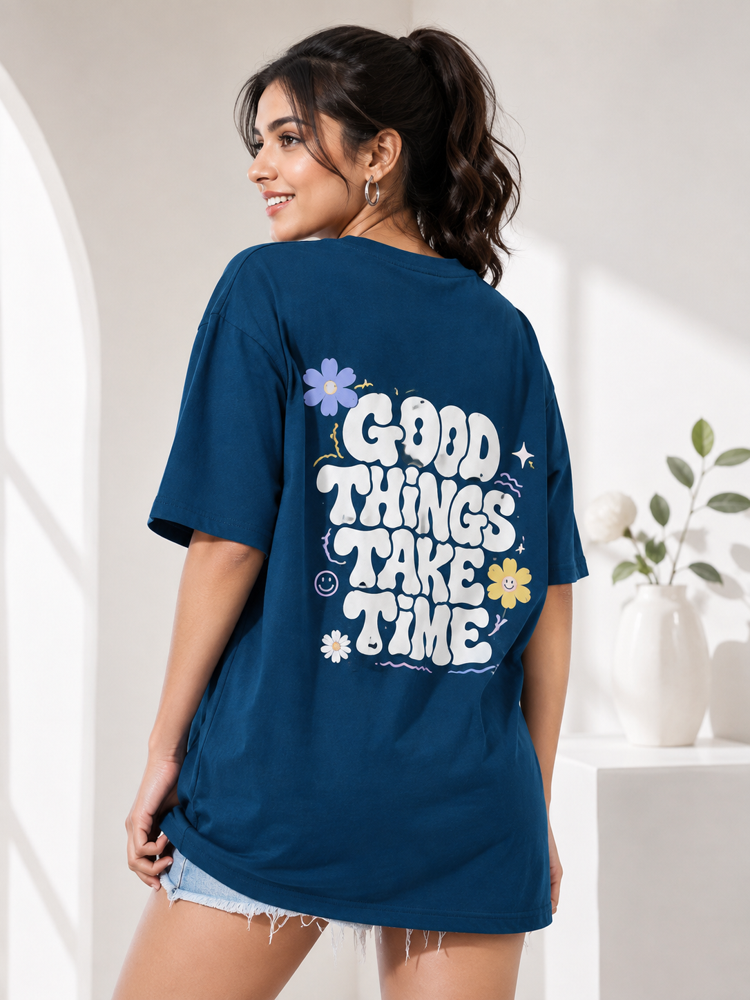 Women Navy Blue Relaxed fit Printed Cotton T-Shirt