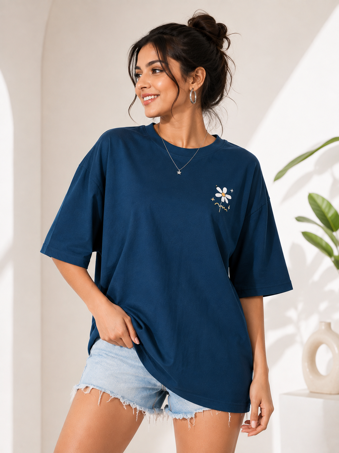 Women Navy Blue Relaxed fit Printed Cotton T-Shirt