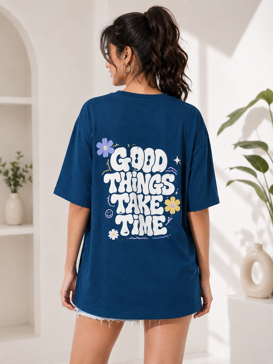 Women Navy Blue Relaxed fit Printed Cotton T-Shirt