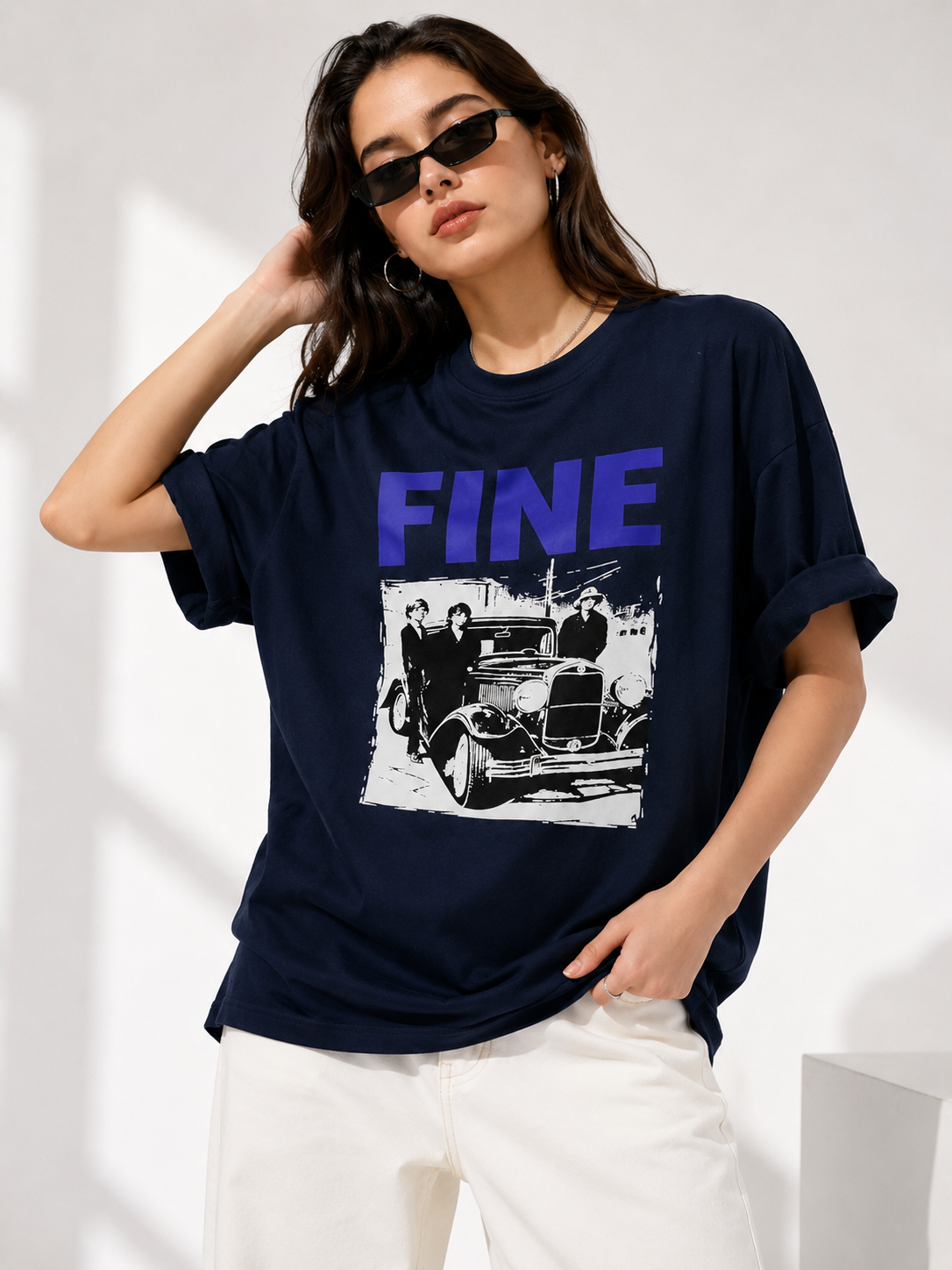 Women Navy Blue Printed Relaxed fit Cotton T-Shirt
