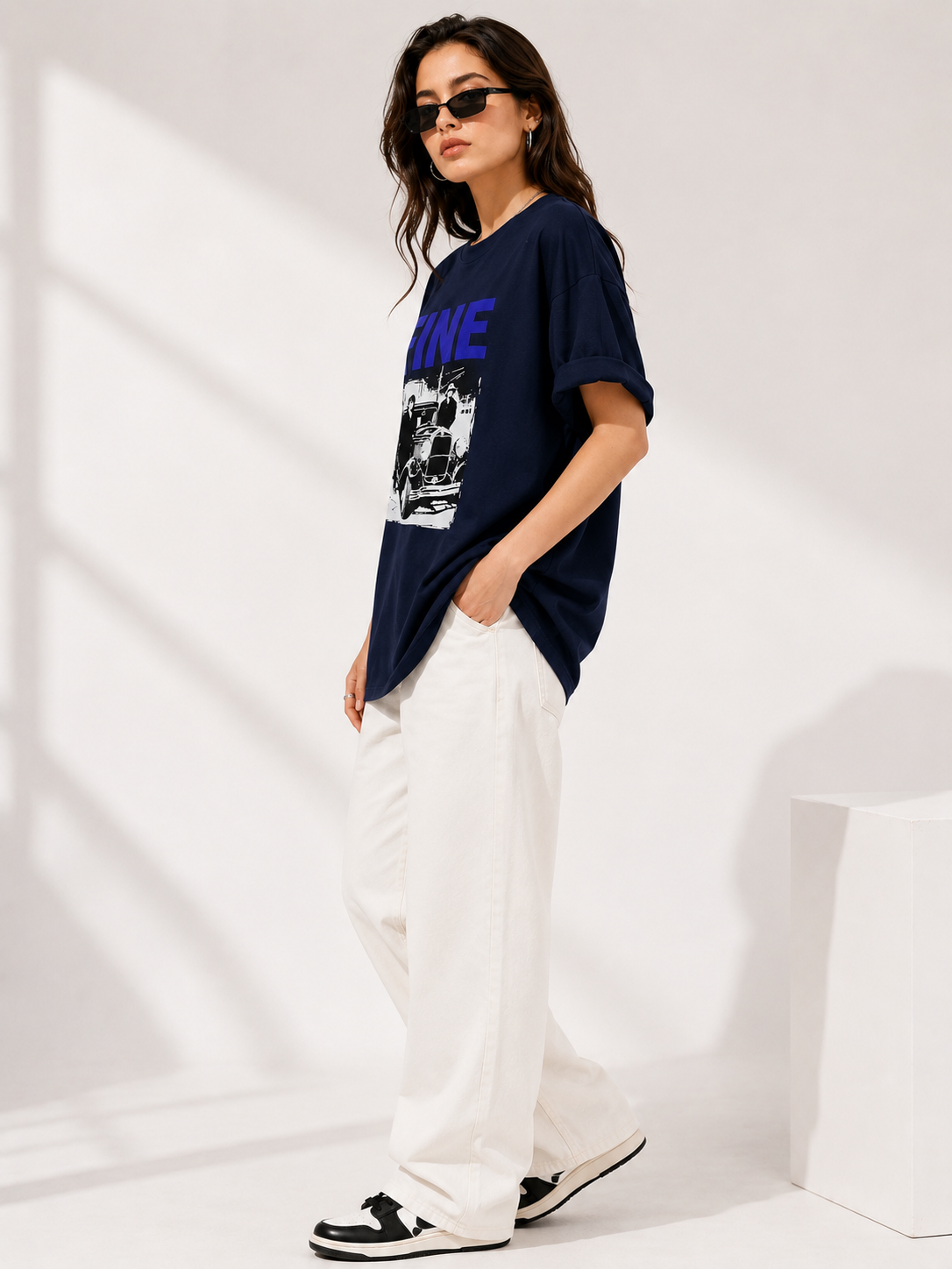 Women Navy Blue Printed Relaxed fit Cotton T-Shirt