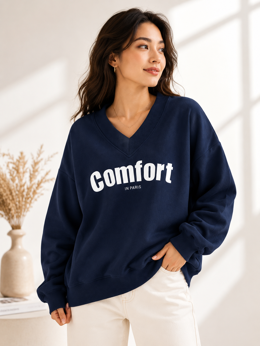 Women V-Neck Printed Sweatshirt
