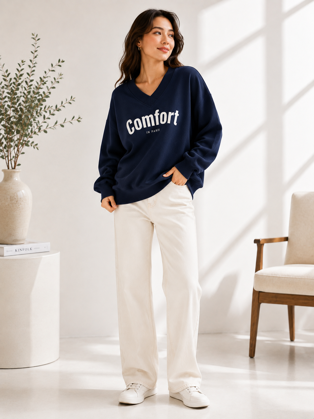 Women V-Neck Printed Sweatshirt