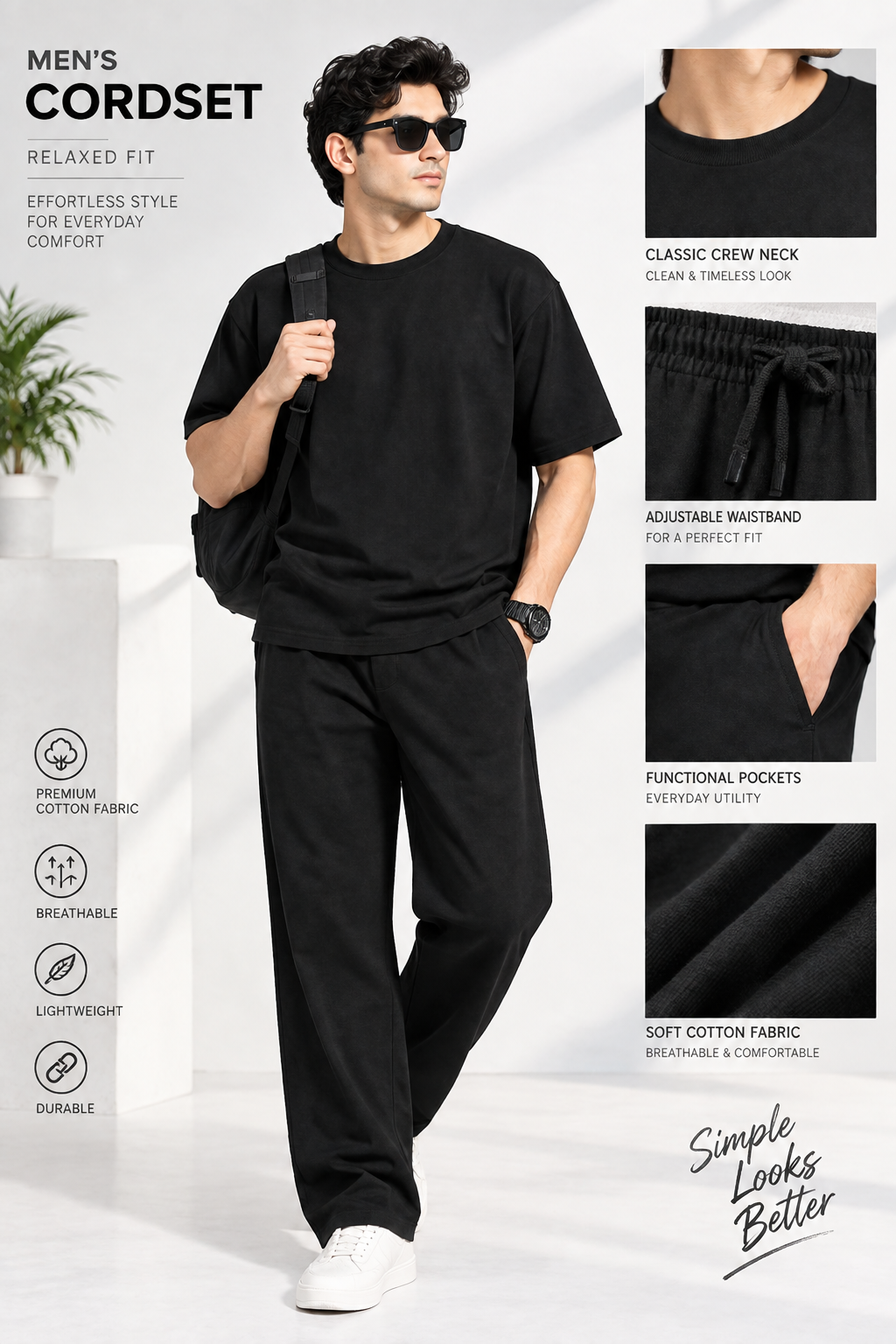 Men Black Cotton Casual Co-Ord Set