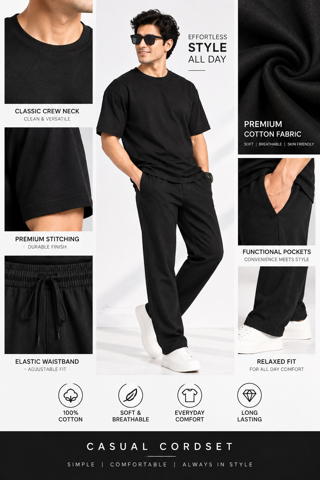 Men Black Cotton Casual Co-Ord Set