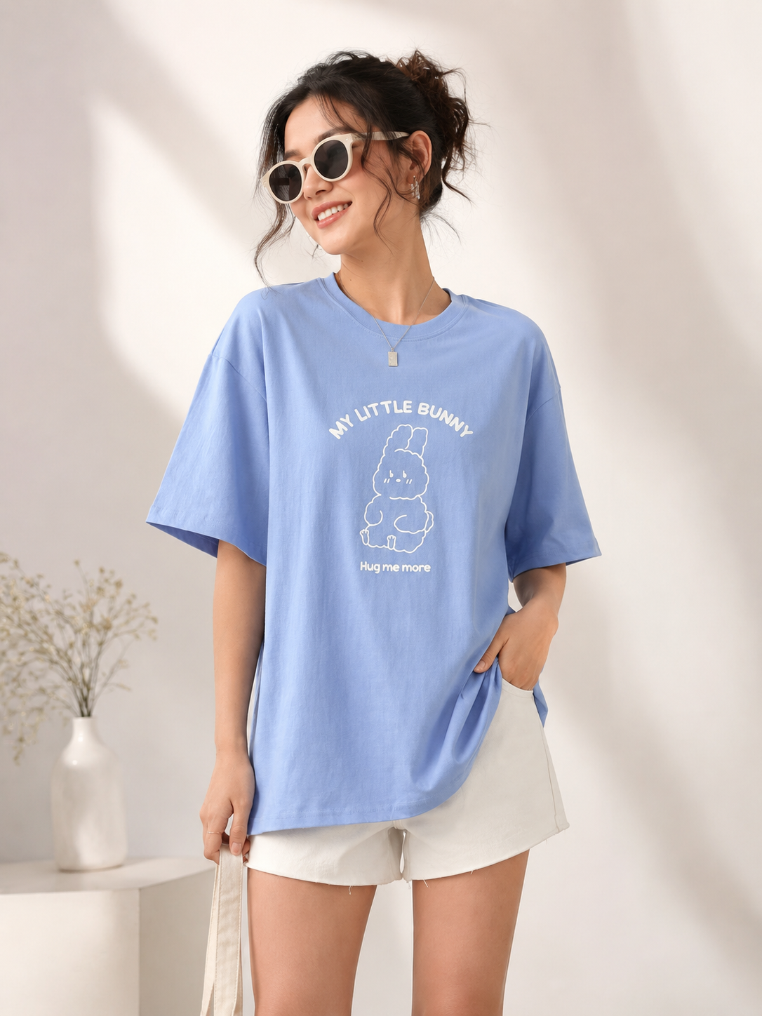 Sky Blue Printed Cotton T-Shirt