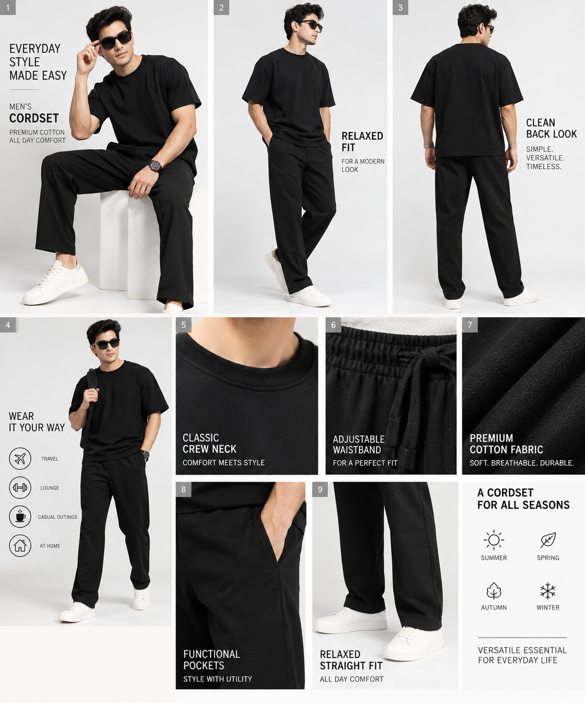 Men Black Cotton Casual Co-Ord Set