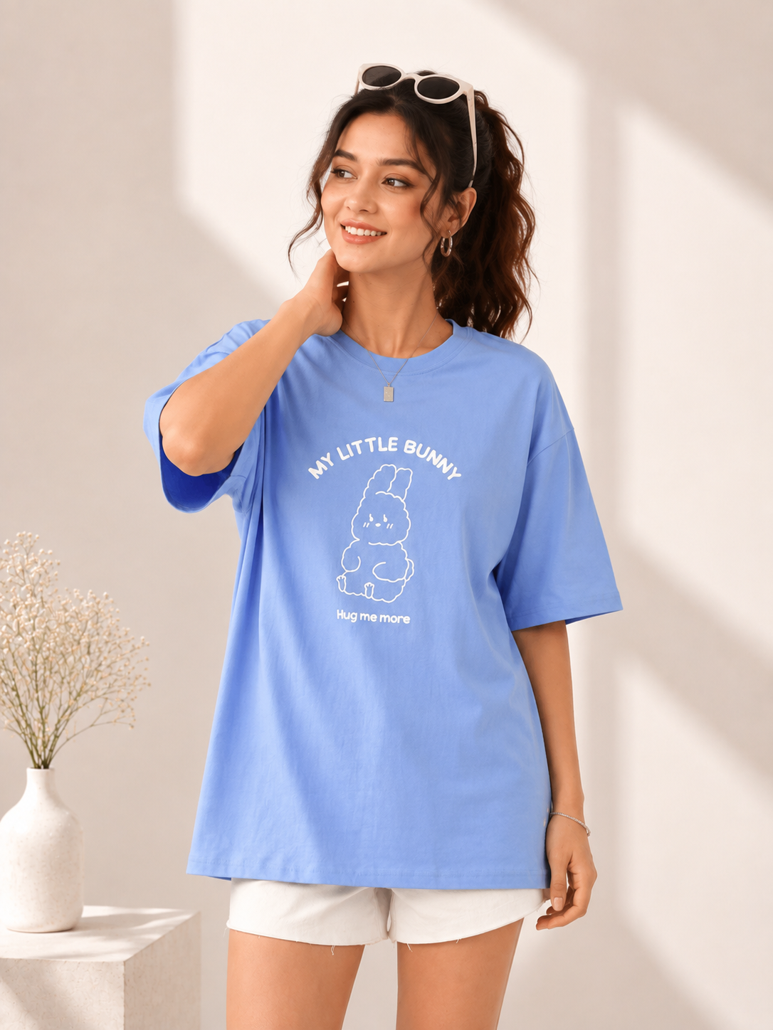 Sky Blue Printed Cotton T-Shirt