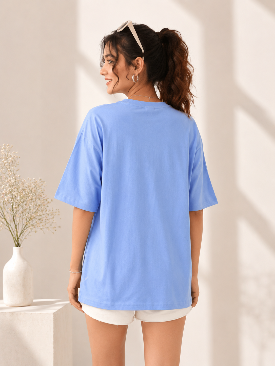 Sky Blue Printed Cotton T-Shirt