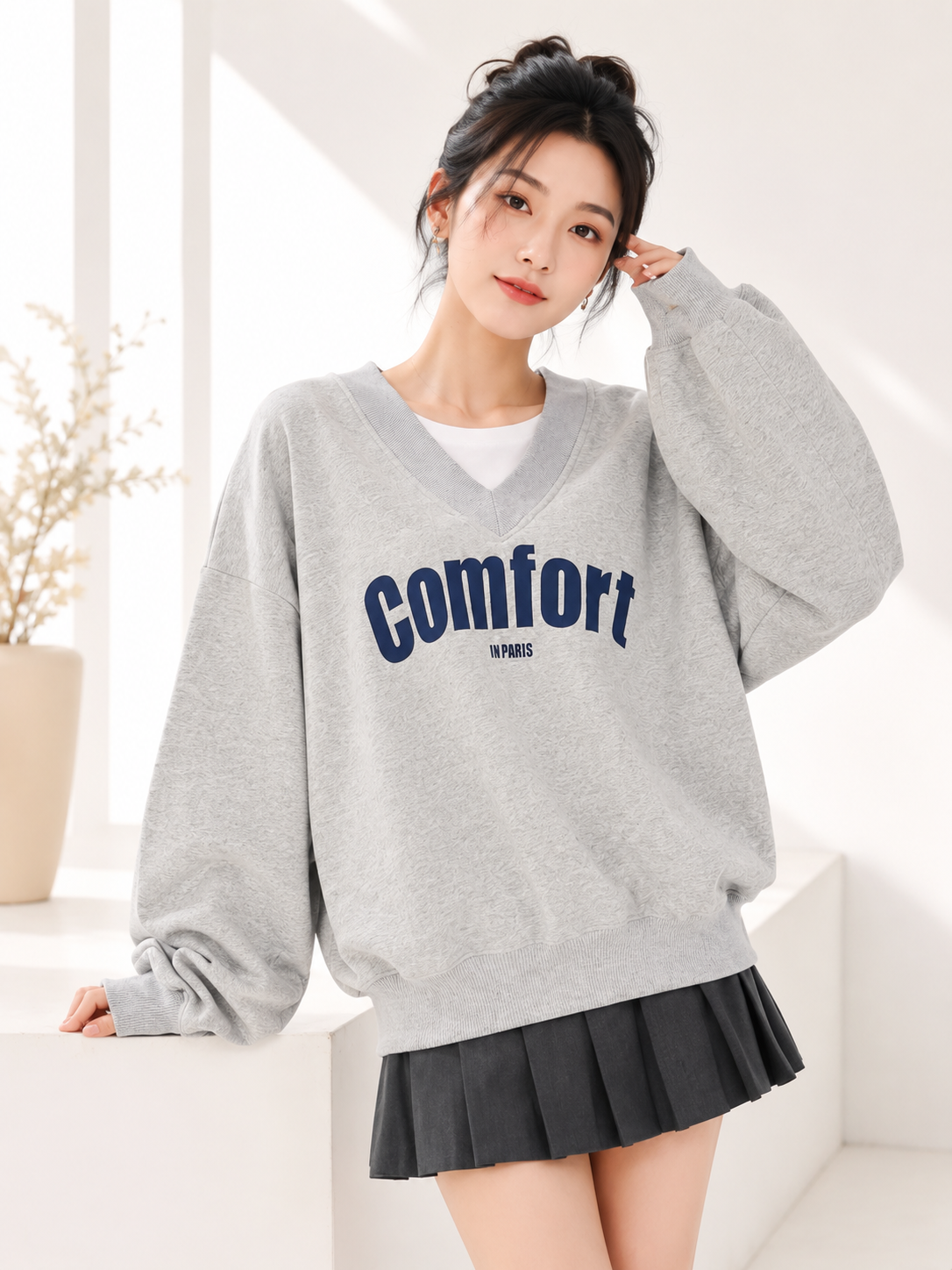 Women V-Neck Printed Sweatshirt