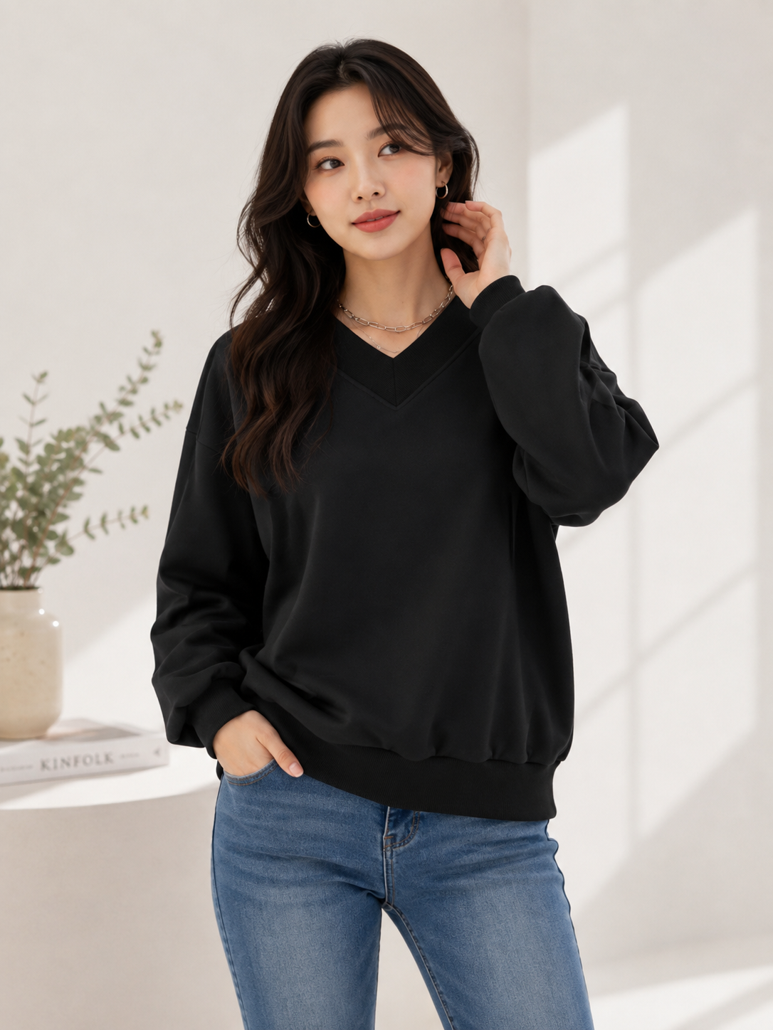 Women V-Neck Plain Sweatshirt
