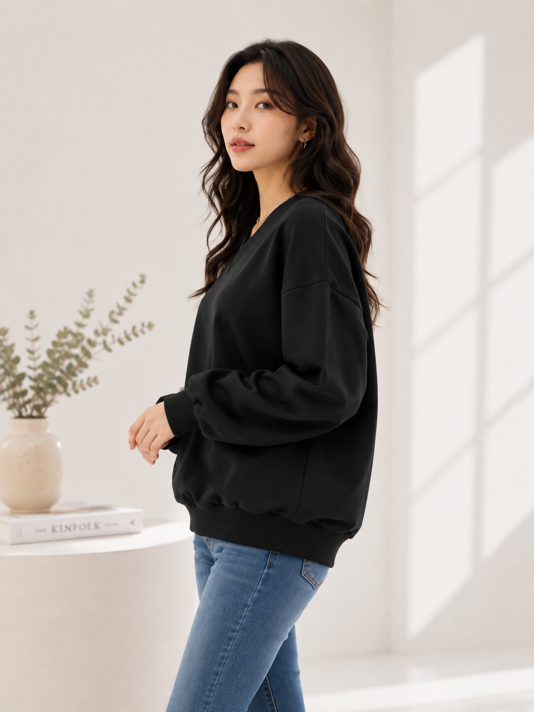 Women V-Neck Plain Sweatshirt