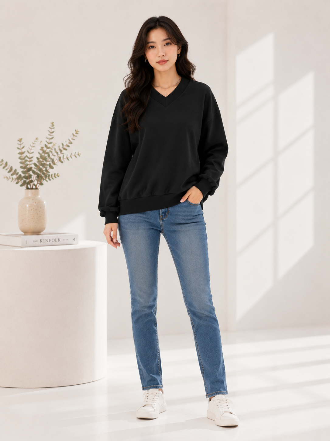 Women V-Neck Plain Sweatshirt