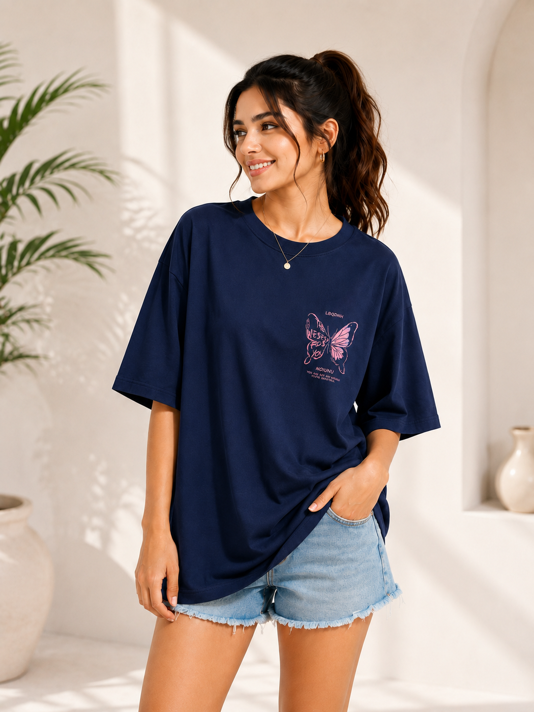 Women Navy Blue Printed Relaxed fit Cotton T-Shirt
