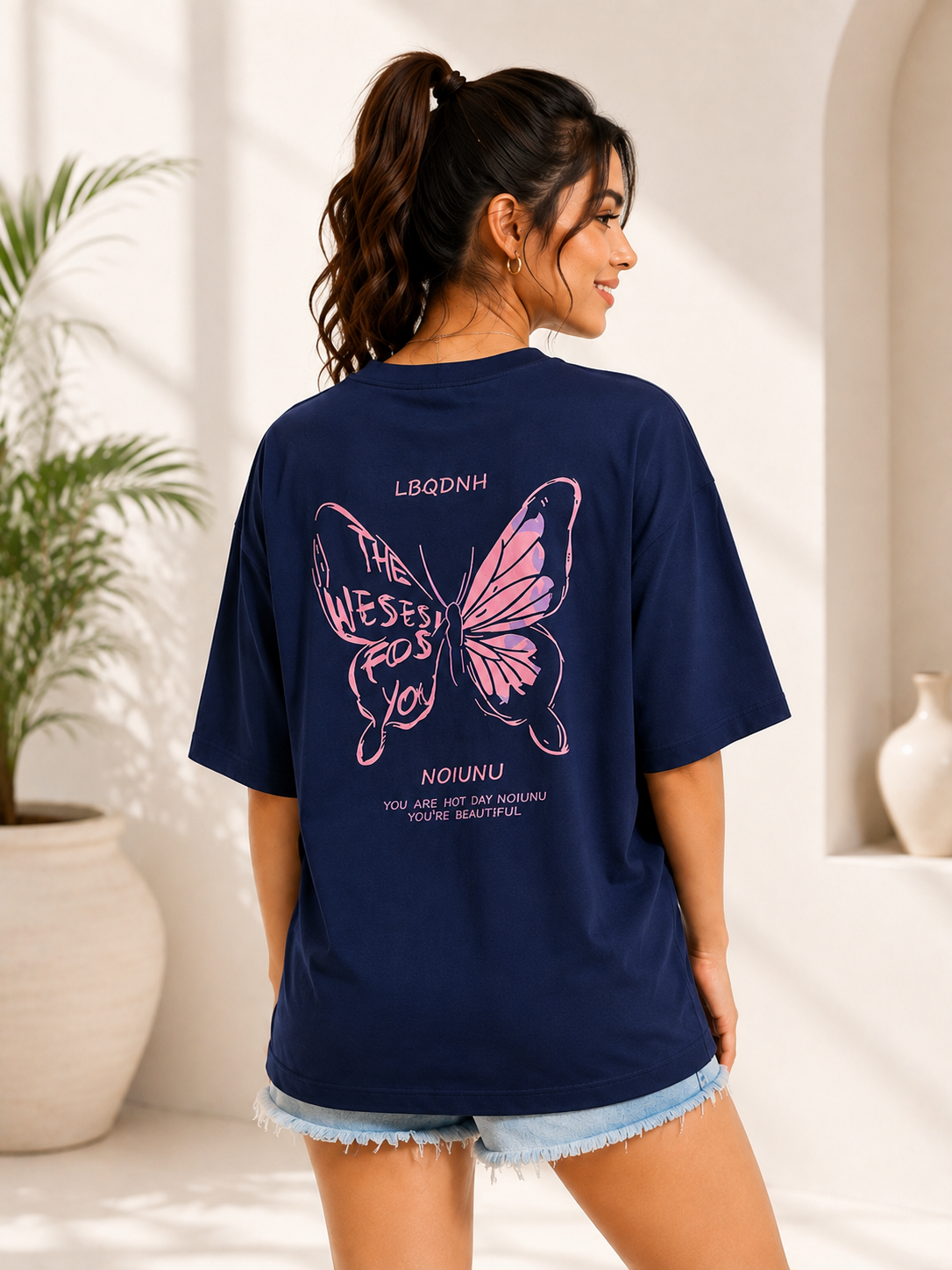 Women Navy Blue Printed Relaxed fit Cotton T-Shirt