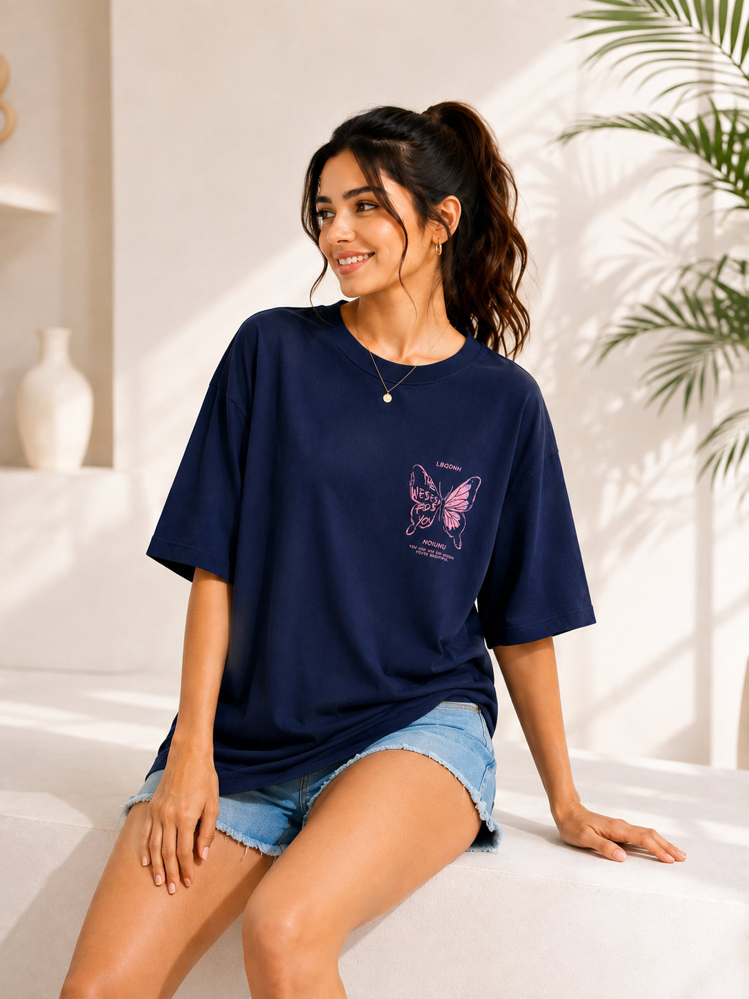 Women Navy Blue Printed Relaxed fit Cotton T-Shirt