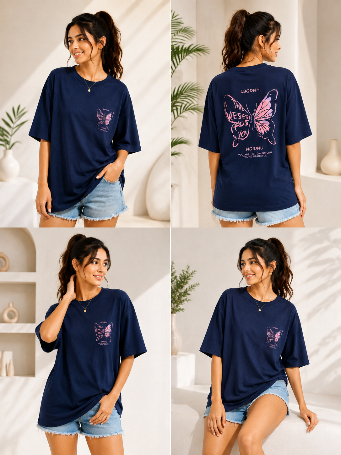 Women Navy Blue Printed Relaxed fit Cotton T-Shirt