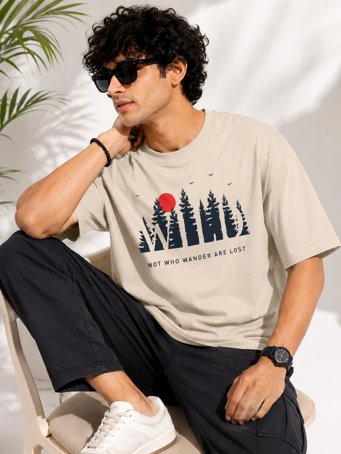 Beige Typography Printed Oversized Cotton T-Shirt