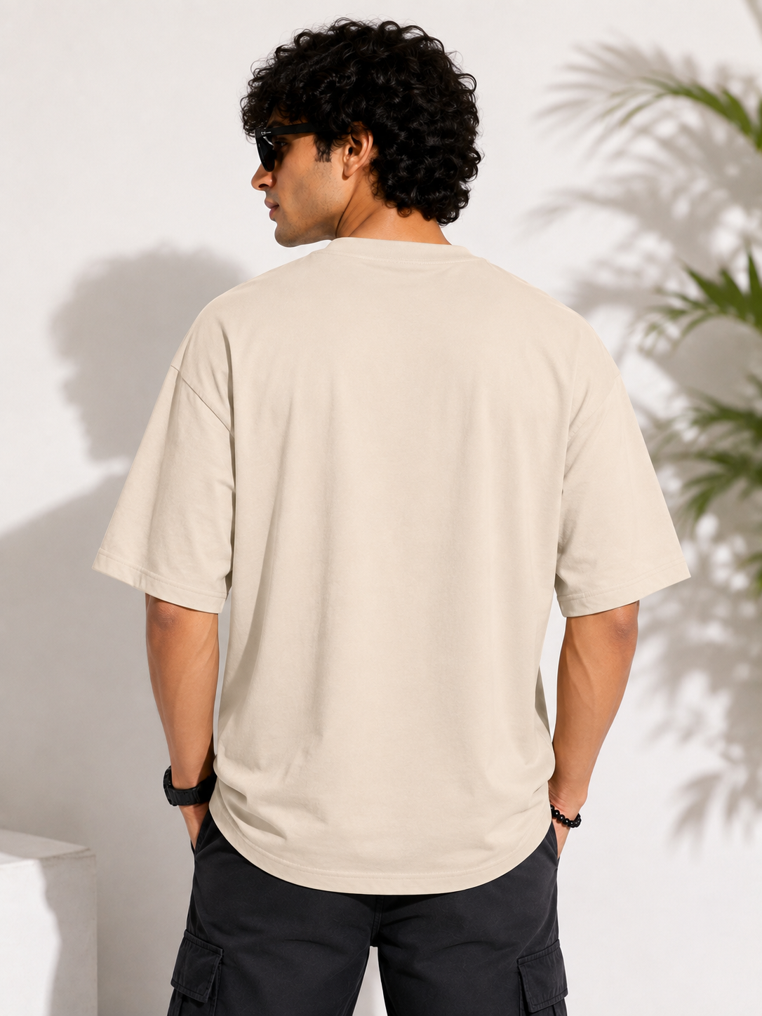 Beige Typography Printed Oversized Cotton T-Shirt