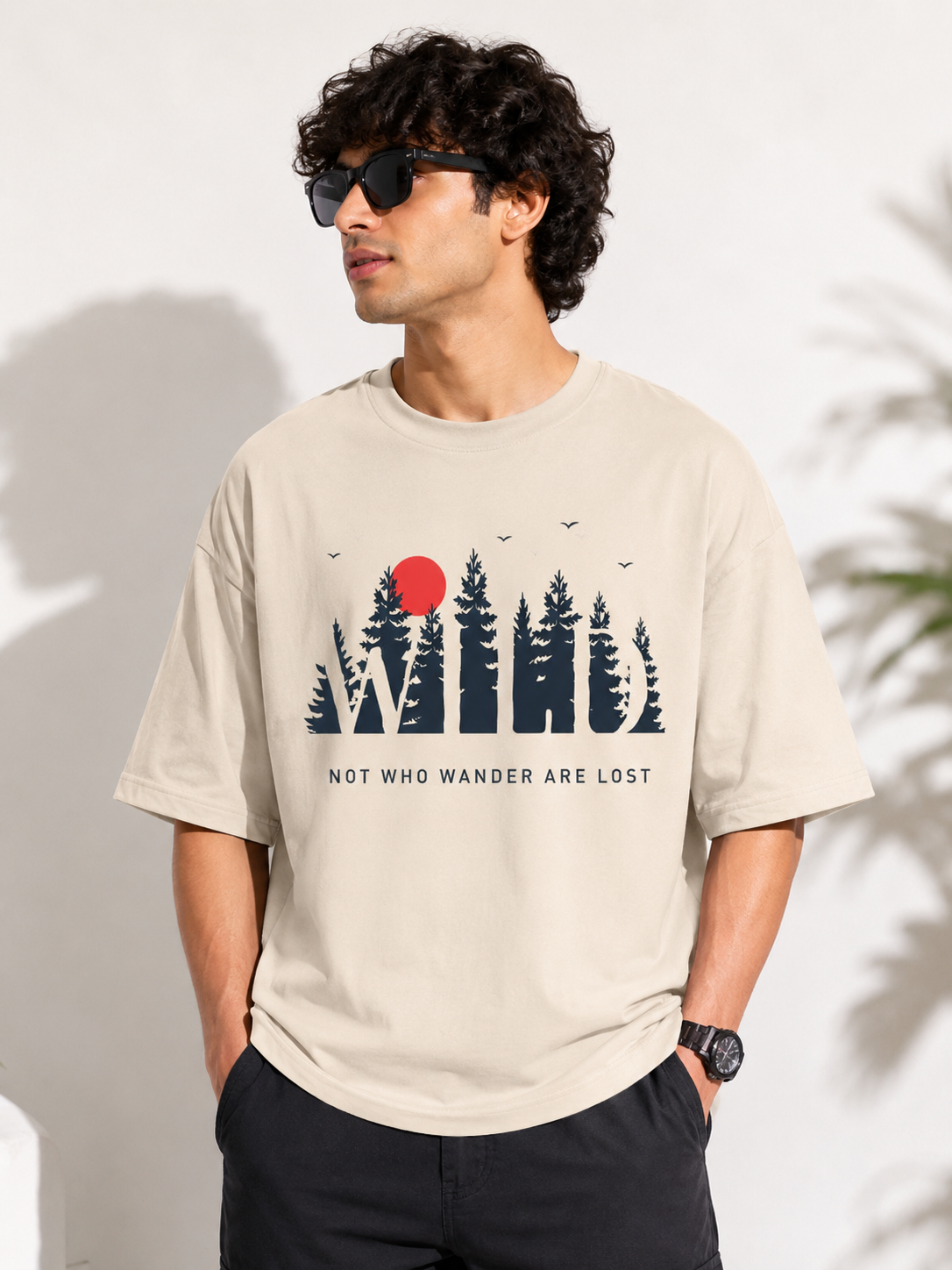 Beige Typography Printed Oversized Cotton T-Shirt