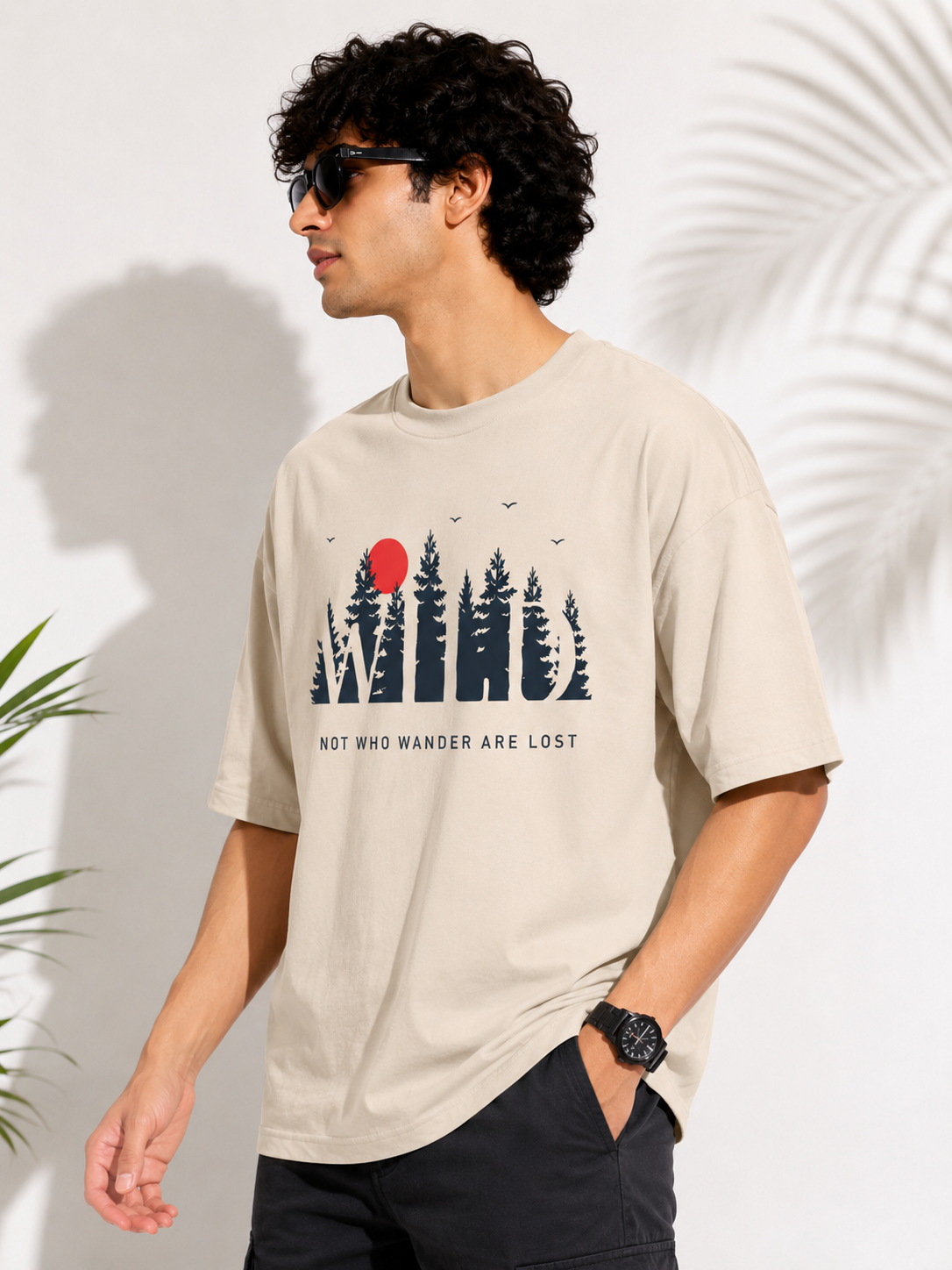 Beige Typography Printed Oversized Cotton T-Shirt