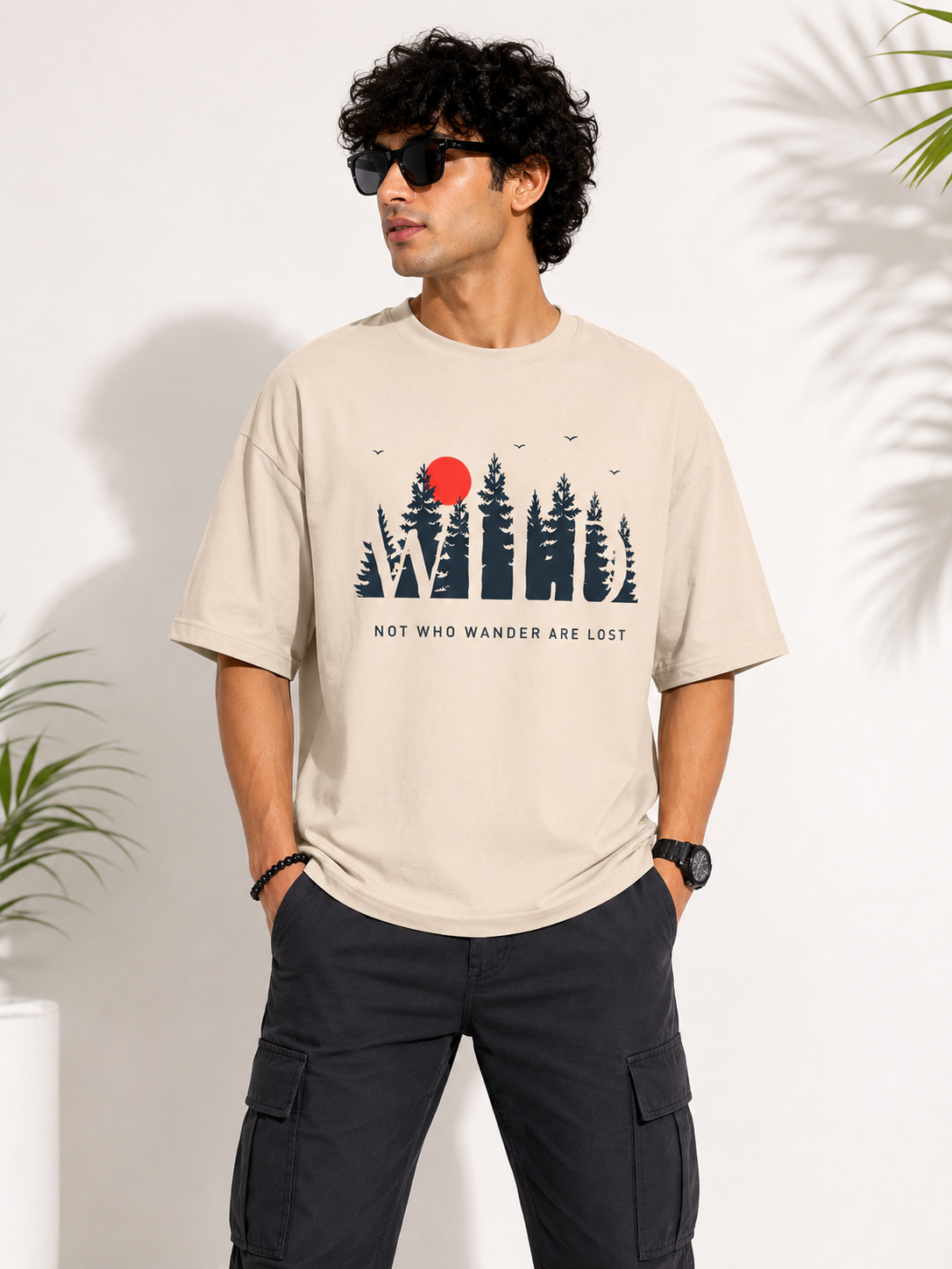 Beige Typography Printed Oversized Cotton T-Shirt