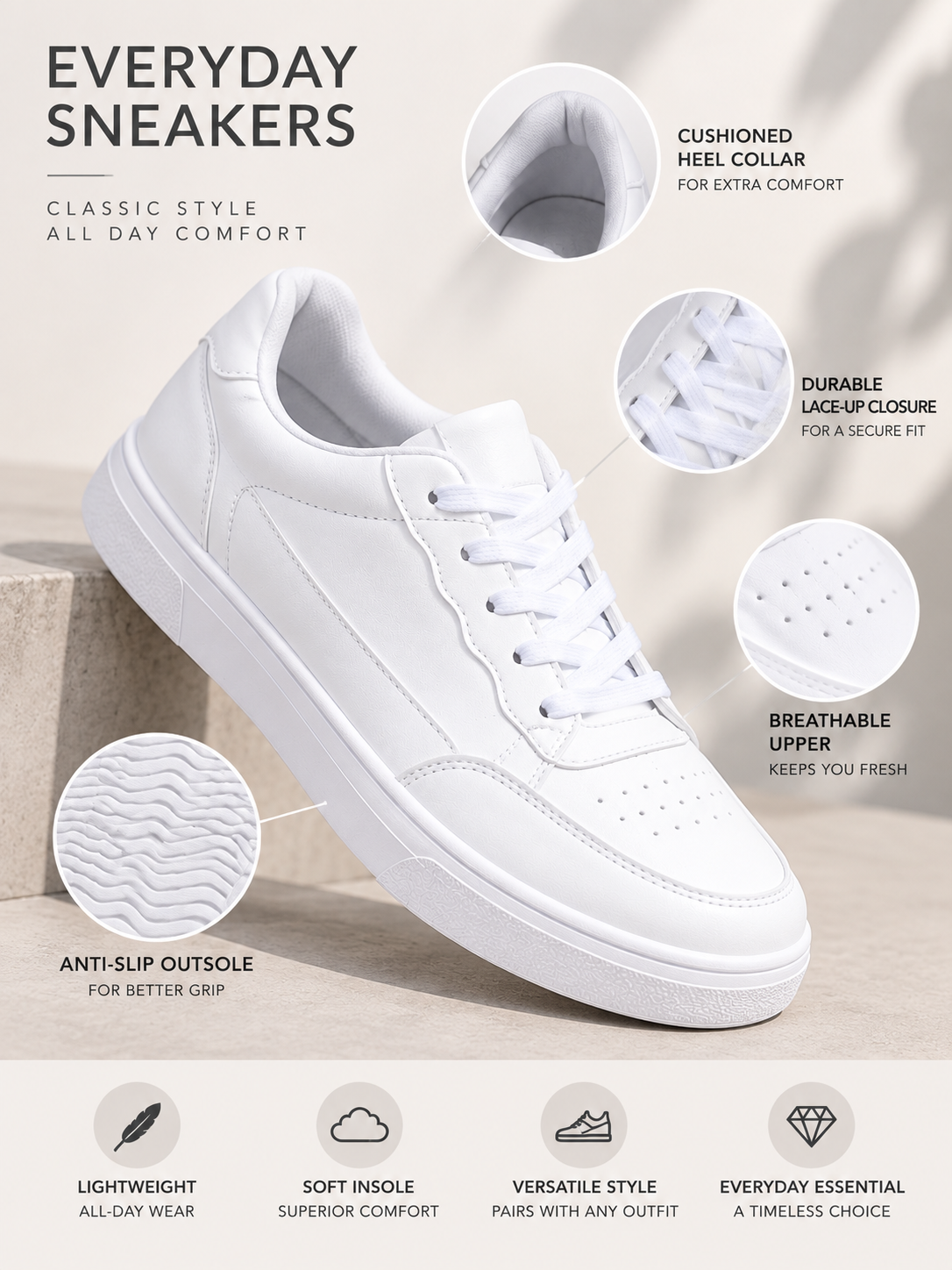 White Perforations Comfort Insole Basics Sneakers
