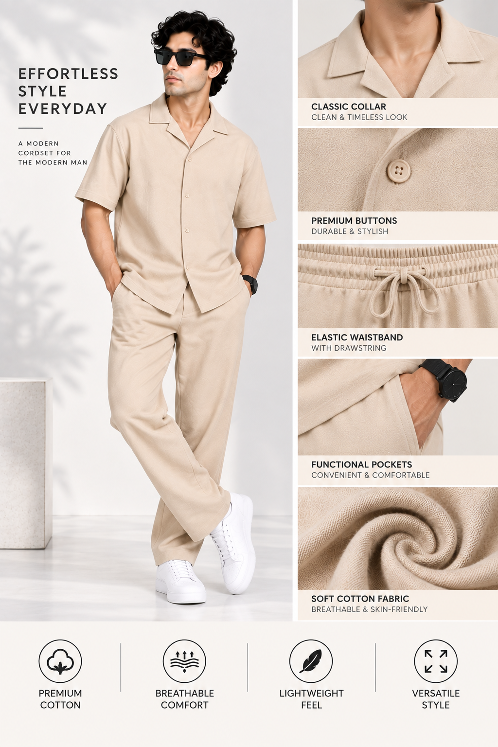 Men Beige Cotton Casual Co-Ord Set