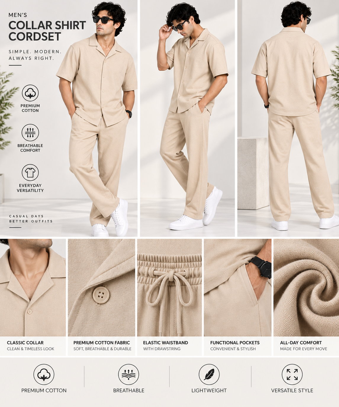 Men Beige Cotton Casual Co-Ord Set