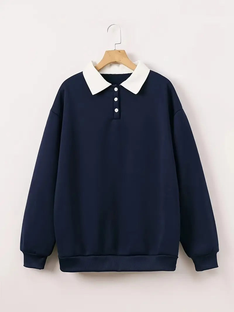 Collar Neck Navy Blue Plain Women's Sweatshirt Grey Melange Color, Unisex