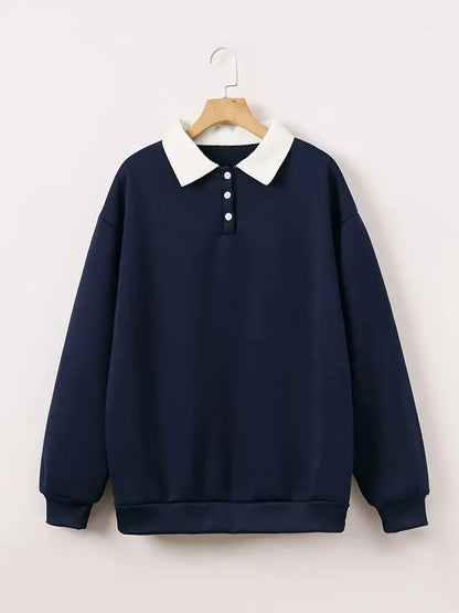 Collar Neck Navy Blue Plain Women's Sweatshirt Grey Melange Color, Unisex