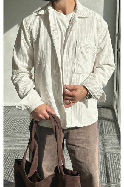 Plain Corduroy Shirt for Men Off-White Color