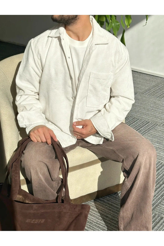 Plain Corduroy Shirt for Men Off-White Color