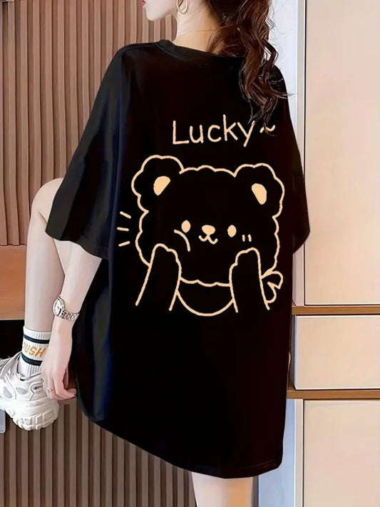 Lucky Graphic Printed Oversized Printed Women's T-Shirt Black Color