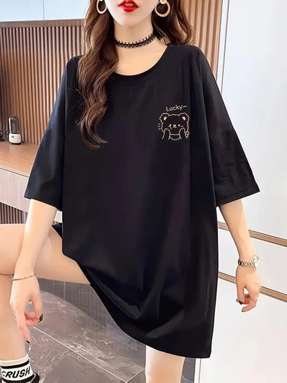 Lucky Graphic Printed Oversized Printed Women's T-Shirt Black Color