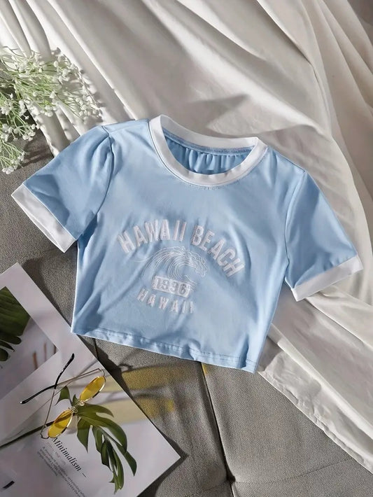 HAWAII Beach Printed Women's Crop Top Baby Blue Color