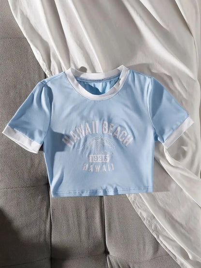 HAWAII Beach Printed Women's Crop Top Baby Blue Color