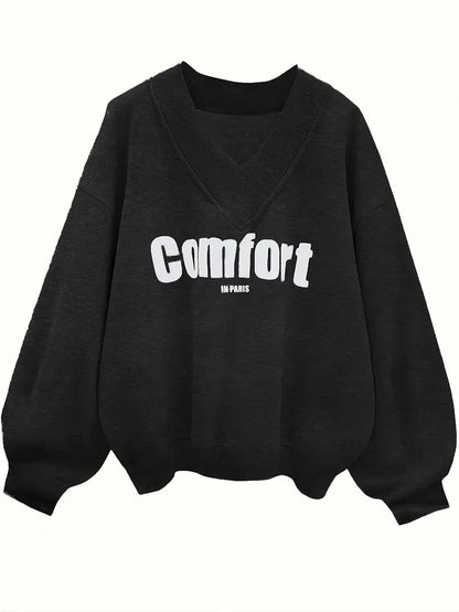 Comfort Text Printed Black Oversized Women's Sweatshirt