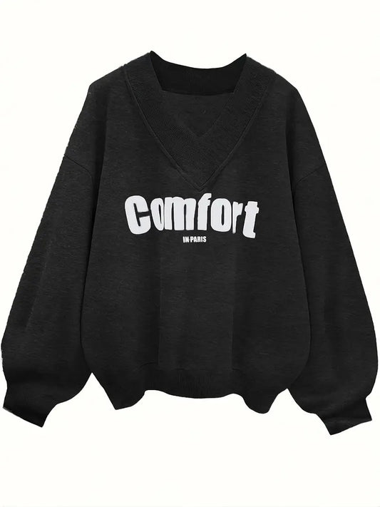 Comfort Text Printed Black Oversized Women's Sweatshirt