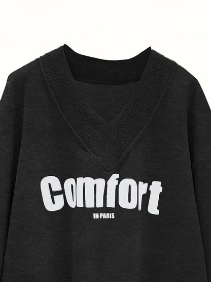 Comfort Text Printed Black Oversized Women's Sweatshirt