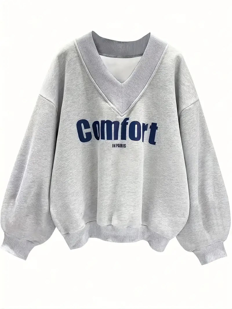 Comfort Letter Print Drop Shoulder Women's Sweatshirt Grey Melange Color