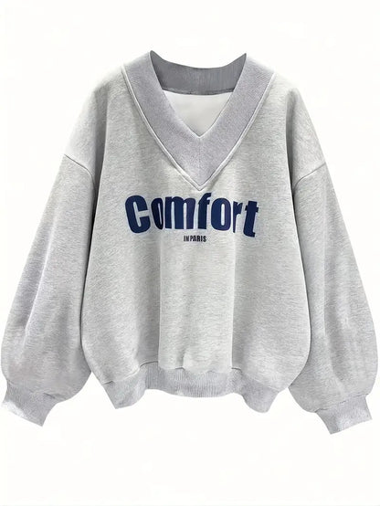 Comfort Letter Print Drop Shoulder Women's Sweatshirt Grey Melange Color